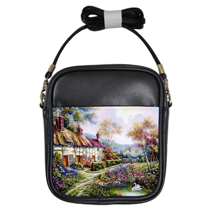 Colorful Cottage River Colorful House Landscape Garden Beautiful Painting Girls Sling Bag