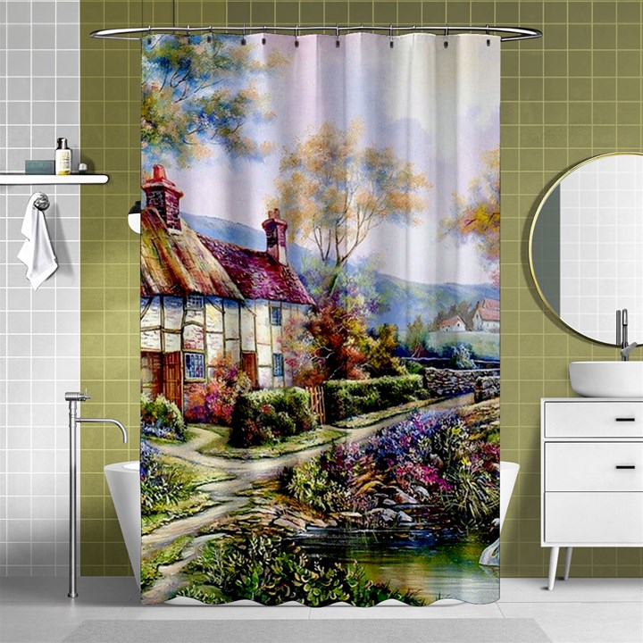 Colorful Cottage River Colorful House Landscape Garden Beautiful Painting Shower Curtain 48  x 72  (Small) 