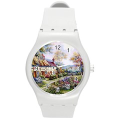 Colorful Cottage River Colorful House Landscape Garden Beautiful Painting Round Plastic Sport Watch (m) by Grandong