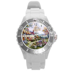 Colorful Cottage River Colorful House Landscape Garden Beautiful Painting Round Plastic Sport Watch (l) by Grandong