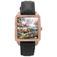 Colorful Cottage River Colorful House Landscape Garden Beautiful Painting Rose Gold Leather Watch  by Grandong