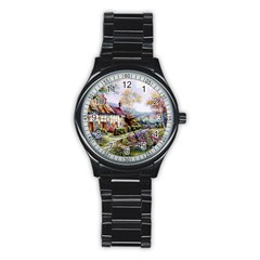 Colorful Cottage River Colorful House Landscape Garden Beautiful Painting Stainless Steel Round Watch by Grandong