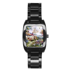 Colorful Cottage River Colorful House Landscape Garden Beautiful Painting Stainless Steel Barrel Watch by Grandong