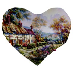 Colorful Cottage River Colorful House Landscape Garden Beautiful Painting Large 19  Premium Flano Heart Shape Cushions by Grandong