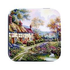 Colorful Cottage River Colorful House Landscape Garden Beautiful Painting Square Metal Box (black) by Grandong