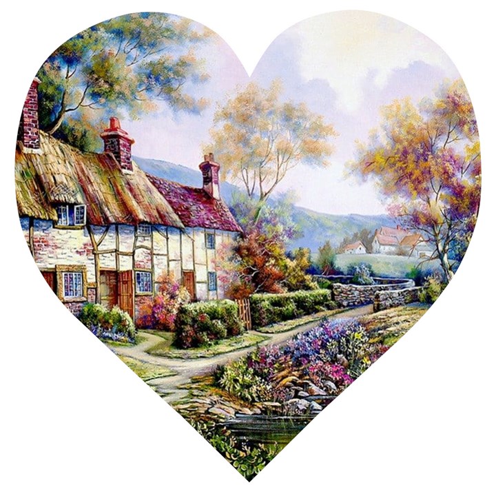 Colorful Cottage River Colorful House Landscape Garden Beautiful Painting Wooden Puzzle Heart