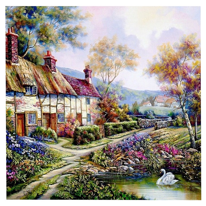 Colorful Cottage River Colorful House Landscape Garden Beautiful Painting Wooden Puzzle Square