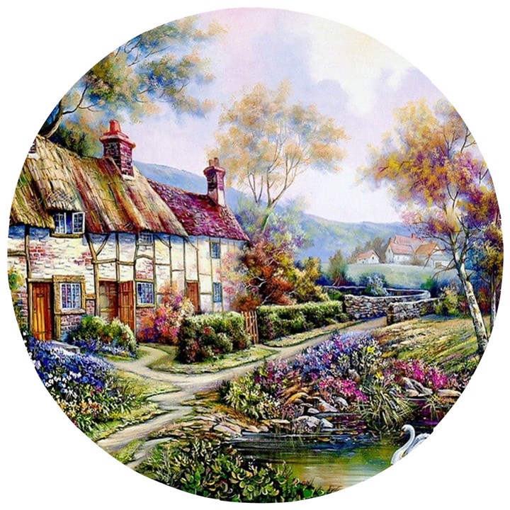 Colorful Cottage River Colorful House Landscape Garden Beautiful Painting Wooden Puzzle Round