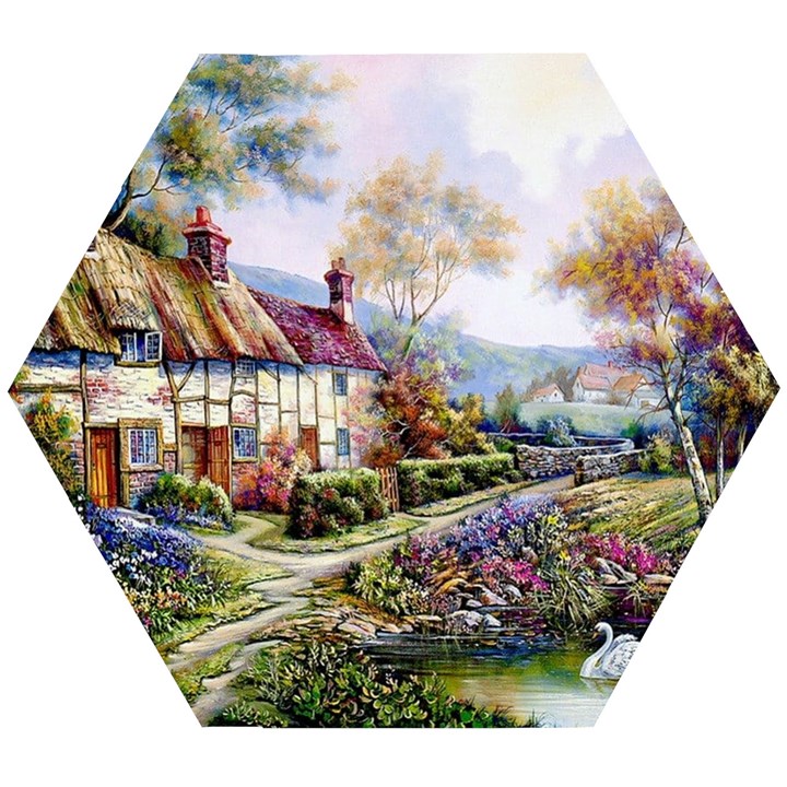 Colorful Cottage River Colorful House Landscape Garden Beautiful Painting Wooden Puzzle Hexagon