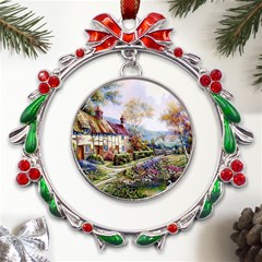 Colorful Cottage River Colorful House Landscape Garden Beautiful Painting Metal X mas Wreath Ribbon Ornament by Grandong