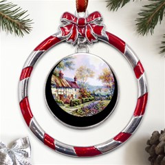 Colorful Cottage River Colorful House Landscape Garden Beautiful Painting Metal Red Ribbon Round Ornament