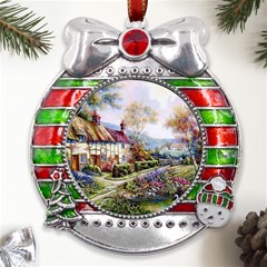 Colorful Cottage River Colorful House Landscape Garden Beautiful Painting Metal X mas Ribbon With Red Crystal Round Ornament by Grandong