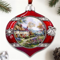 Colorful Cottage River Colorful House Landscape Garden Beautiful Painting Metal Snowflake And Bell Red Ornament by Grandong