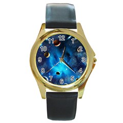 3d Universe Space Star Planet Round Gold Metal Watch by Grandong