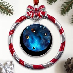 3d Universe Space Star Planet Metal Red Ribbon Round Ornament