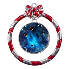 3d Universe Space Star Planet Metal Red Ribbon Round Ornament