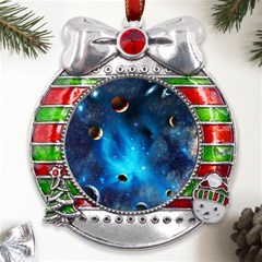 3d Universe Space Star Planet Metal X mas Ribbon With Red Crystal Round Ornament by Grandong