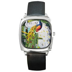 Peacock Art Square Metal Watch by Grandong