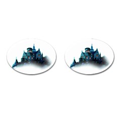 Blue Castle Halloween Horror Haunted House Cufflinks (oval) by Sarkoni