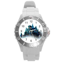 Blue Castle Halloween Horror Haunted House Round Plastic Sport Watch (l) by Sarkoni