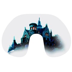 Blue Castle Halloween Horror Haunted House Travel Neck Pillow by Sarkoni