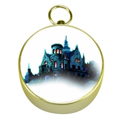 Blue Castle Halloween Horror Haunted House Gold Compasses by Sarkoni