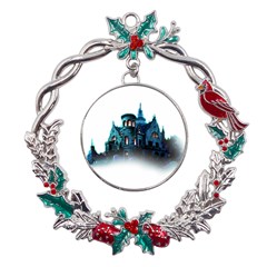 Blue Castle Halloween Horror Haunted House Metal X mas Wreath Holly Leaf Ornament