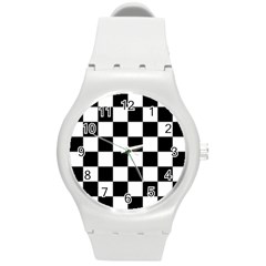 Black White Chess Board Round Plastic Sport Watch (m) by Ndabl3x