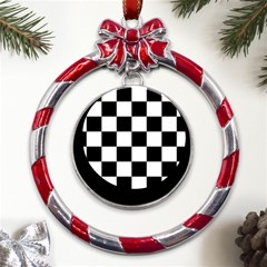 Black White Chess Board Metal Red Ribbon Round Ornament by Ndabl3x