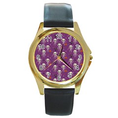 Skull Halloween Pattern Round Gold Metal Watch by Ndabl3x