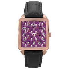 Skull Halloween Pattern Rose Gold Leather Watch  by Ndabl3x