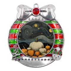 Pumpkin Halloween Metal X mas Ribbon With Red Crystal Round Ornament by Ndabl3x