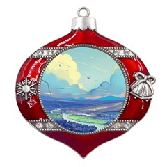 Digital Art Fantasy Landscape Metal Snowflake And Bell Red Ornament