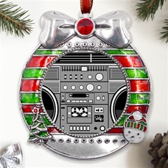 Boombox Metal X mas Ribbon With Red Crystal Round Ornament