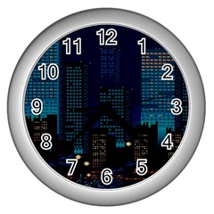 Pixel Art Night City Japan Wall Clock (silver) by Sarkoni