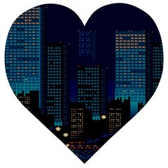 Pixel Art Night City Japan Wooden Puzzle Heart by Sarkoni