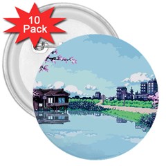 Japanese Themed Pixel Art The Urban And Rural Side Of Japan 3  Buttons (10 Pack)  by Sarkoni