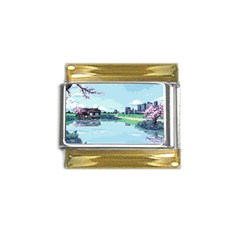 Japanese Themed Pixel Art The Urban And Rural Side Of Japan Gold Trim Italian Charm (9mm) by Sarkoni