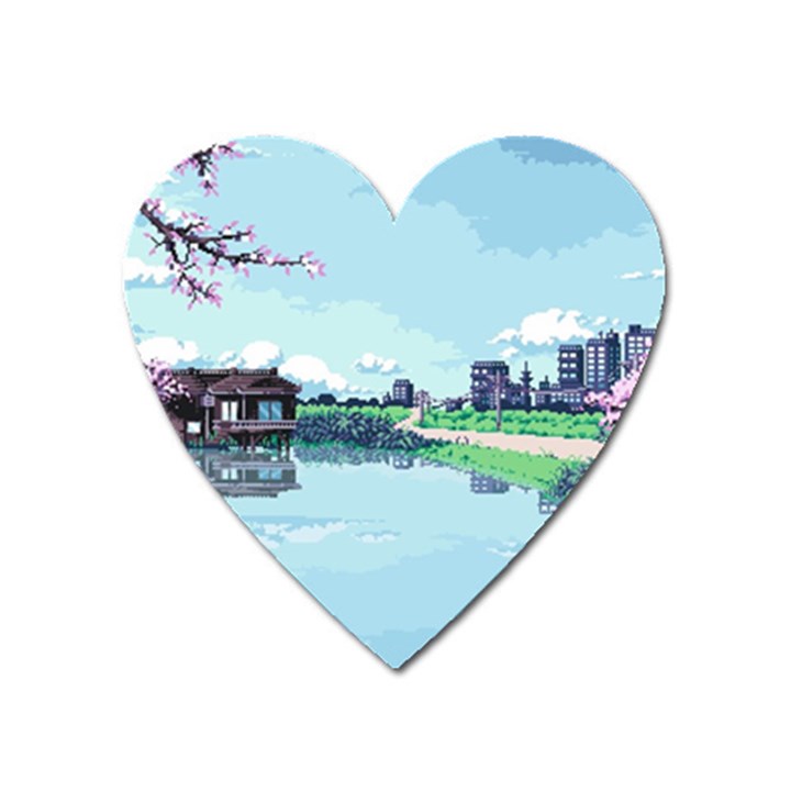 Japanese Themed Pixel Art The Urban And Rural Side Of Japan Heart Magnet