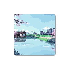 Japanese Themed Pixel Art The Urban And Rural Side Of Japan Square Magnet by Sarkoni