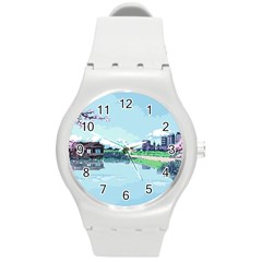 Japanese Themed Pixel Art The Urban And Rural Side Of Japan Round Plastic Sport Watch (m)