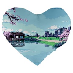 Japanese Themed Pixel Art The Urban And Rural Side Of Japan Large 19  Premium Heart Shape Cushions by Sarkoni