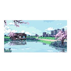 Japanese Themed Pixel Art The Urban And Rural Side Of Japan Satin Wrap 35  X 70  by Sarkoni