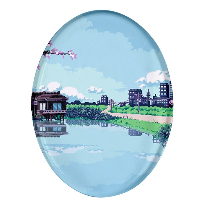 Japanese Themed Pixel Art The Urban And Rural Side Of Japan Oval Glass Fridge Magnet (4 pack)