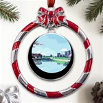 Japanese Themed Pixel Art The Urban And Rural Side Of Japan Metal Red Ribbon Round Ornament Front