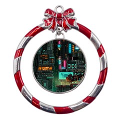 Video Game Pixel Art Metal Red Ribbon Round Ornament