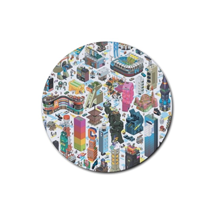 City Pattern Pixel Art Japan Rubber Round Coaster (4 pack)