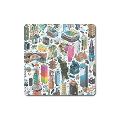 City Pattern Pixel Art Japan Square Magnet by Sarkoni