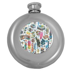 City Pattern Pixel Art Japan Round Hip Flask (5 Oz) by Sarkoni