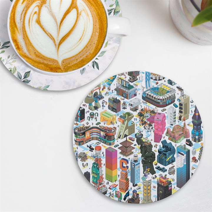 City Pattern Pixel Art Japan UV Print Round Tile Coaster